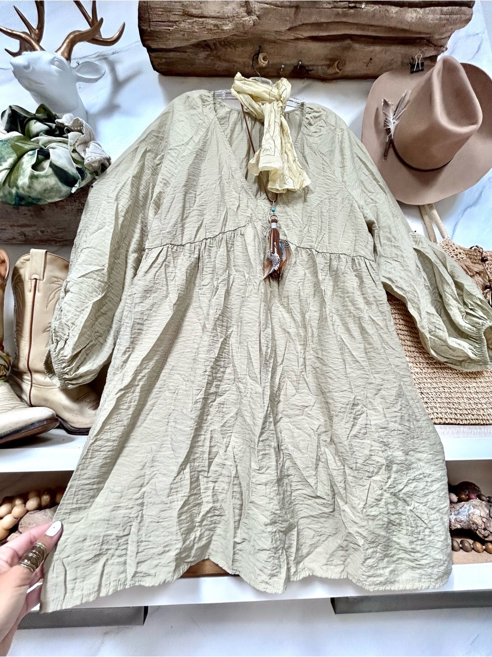 Boho Sage boho Dress w prairie shabby chic beach prairie costal vibe - Picture 3 of 10
